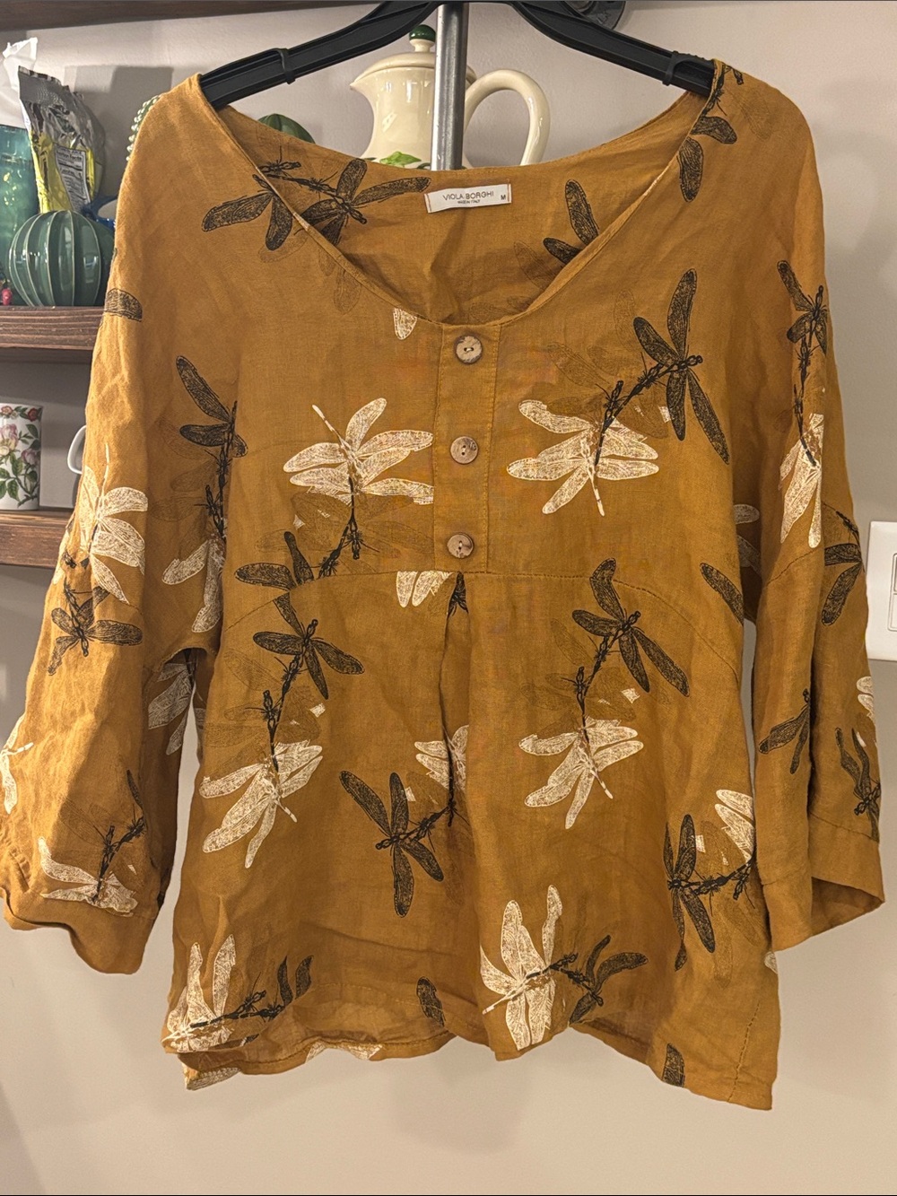 Viola Borghi 100% Linen Dragonfly Print Top | Made in Italy | Size M